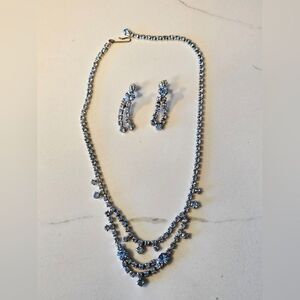 Vintage Light Blue Rhinestone Necklace & Dangle Screw-back Earrings